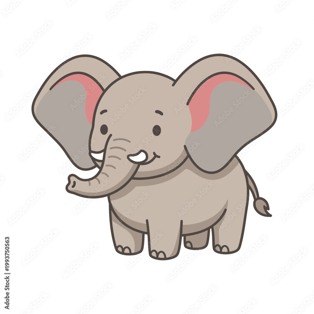 Fototapeta premium A cute cartoon elephant stands on a plain background with large ears.