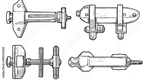 Four different styles of metal latches rendered in a vintage, textured, black and white style