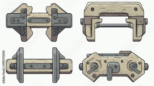 Four detailed illustrations of industrial tools in a beige and gray palette on a white background
