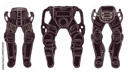 A set of stylized digital illustrations featuring different views of futuristic leg armor
