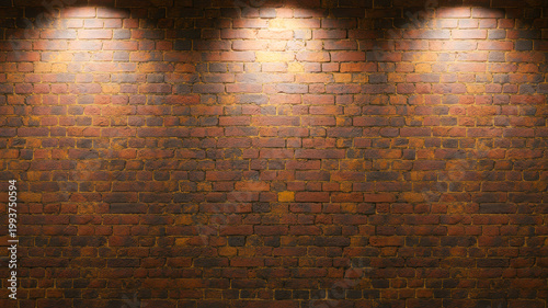 A rustic textured brick wall is dramatically illuminated by three spotlights from above creating a dark background