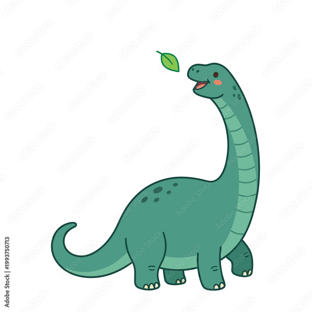 Fototapeta premium A cartoon dinosaur eating a leaf outdoors in a natural setting.