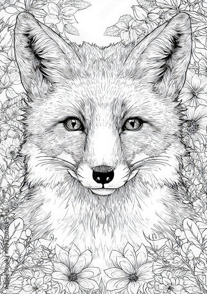 Fototapeta premium Detailed fox portrait coloring page for adults and kids, intricate forest animal head surrounded by blooming garden flowers, hand drawn ink line art illustration, zen stress relief botanical design.