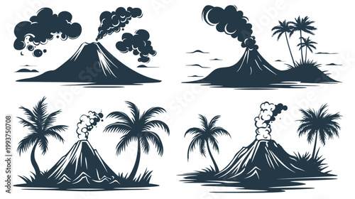 Silhouetted volcanic landscapes erupting with smoke, surrounded by palm trees