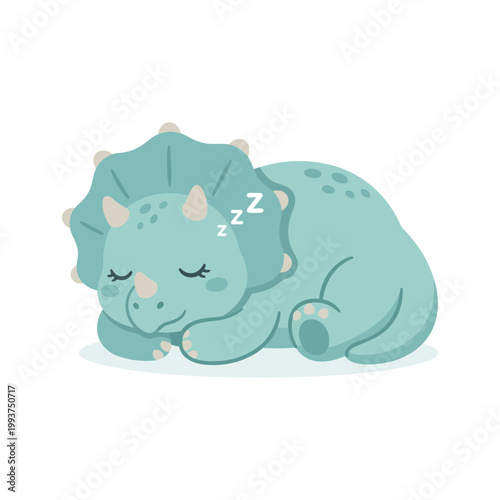 A sleeping cartoon dinosaur, specifically a green triceratops, rests peacefully.