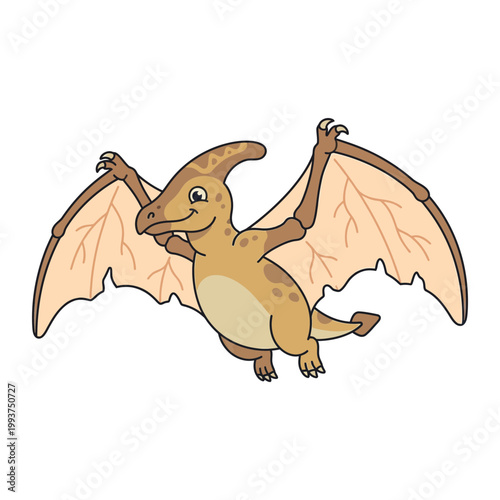 A smiling cartoon pterodactyl spreads its wings in a friendly gesture outdoors.