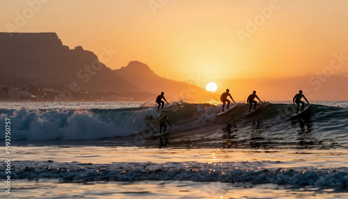 Surfers ride the waves during sunset. The surfers enjoy the ocean as the sun sets behind the mountains.