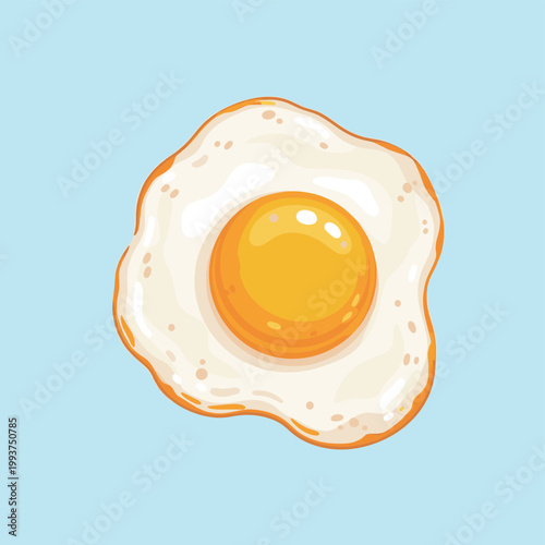 A vibrant illustration of a perfectly cooked fried egg with a bright yellow yolk and white albumen on a light blue background.