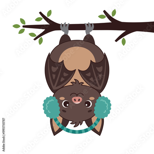 A cartoon bat hangs upside down from a tree branch wearing turquoise earrings.