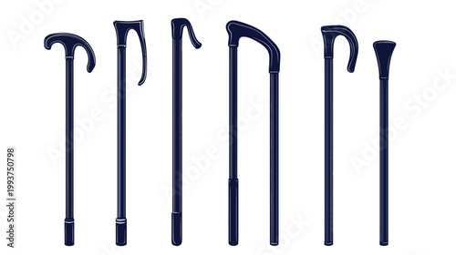 Several dark blue walking canes are depicted in a line on a stark white background