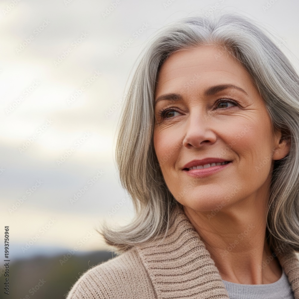 Fototapeta premium Confident Middle-Aged Woman with Gray Hair, Outdoor Portrait