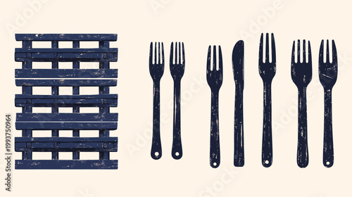 A stylized illustration features a pallet and cutlery, exuding a rustic and textured aesthetic