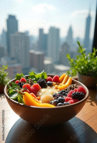 Chic Organic Superfood Smoothie Bowl Overlooking City Skyline from Minimalist Rooftop Cafe