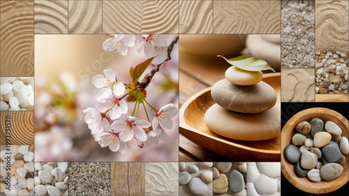 A serene collage displaying delicate cherry blossoms balanced zen stones and calming natural textures