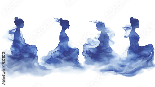 Silhouettes of four seated figures, rendered in shades of blue, blending into cloud-like forms