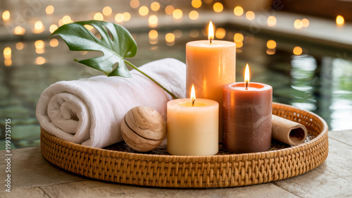 A serene spa ambiance featuring lit candles and a soft towel on a wicker tray next to shimmering water with warm glowing lights