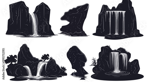 Six monochrome, silhouetted depictions of various waterfalls cascading down rocky formations