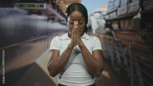Photography Woman with hands pressed together praying at airport gate, eyes closed and head bowed in a white polo shirt; contemplation hope faith