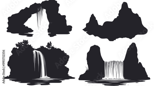 Silhouetted illustrations of cascading water features and natural formations