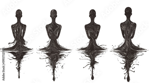 Four stylized figures with bodies of swirling ink, resembling ballet dancers or meditative forms, reflecting