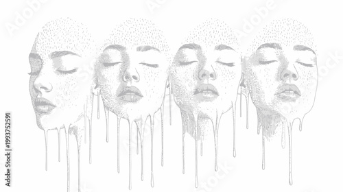 A grayscale artwork featuring four faces with closed eyes, skin textured with speckles, and dripping
