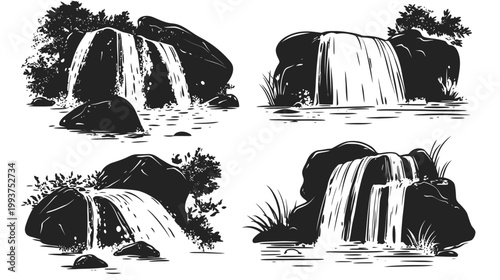 Four grayscale illustrations of waterfalls, cascading over rocks with greenery. All on white background