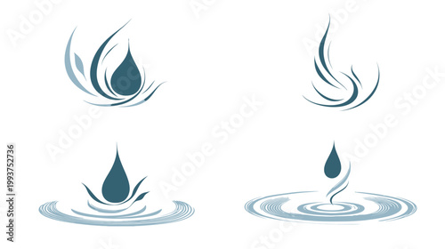 Graphic set of water droplet designs, illustrating different visual effects and ripples
