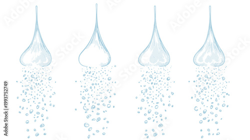 Four stylized illustrations of liquid droplet formation, with stages of release and a clean white background