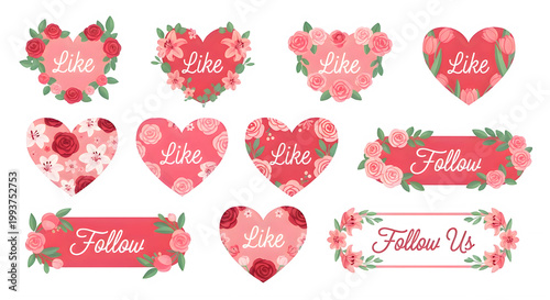 Floral social media button set with pink and red roses for wedding and romantic design projects.