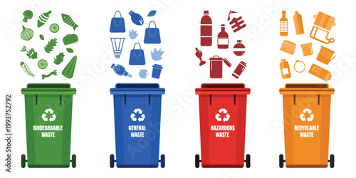 Waste Recycling Management Concept with Colorful Bins Set, Green Blue Red Yellow Containers for Biodegradable, General, Hazardous and Recyclable Waste Vector Illustration