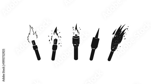 Black and white illustration of five ignited objects resembling torches, wands, and flames