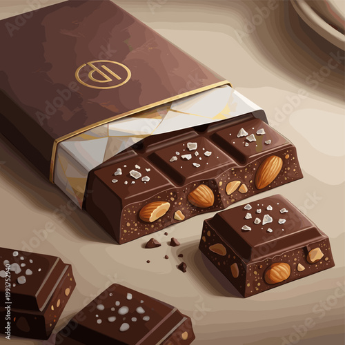 A delectable dark chocolate bar with almonds and sea salt, partially unwrapped and broken into pieces.