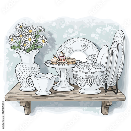 A charming still life illustration featuring a collection of white vintage tableware and a bouquet of daisies on a wooden shelf.