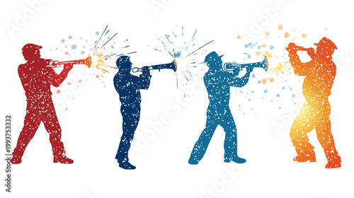 Silhouette illustration of four musicians playing trumpets in vibrant colors and textured appearance