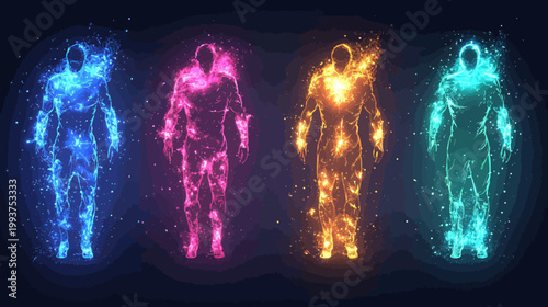 Artistic depiction of four human forms composed of light particles with glowing colors