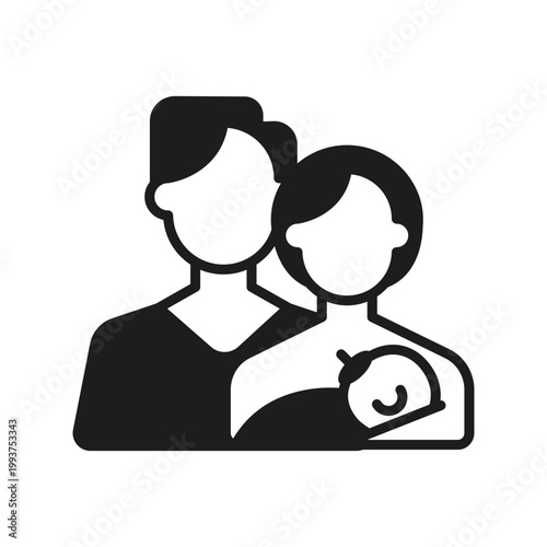 Family with newborn baby icon. Simple black parents and infant silhouette icon for parenting, maternity and childcare design. Vector illustration.