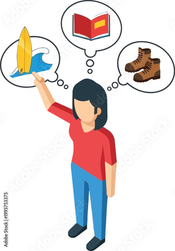 Woman imagines her future vacations involving surfing hiking and reading books.