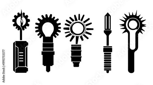 Black and white illustration of five distinct and abstract tools or machine components