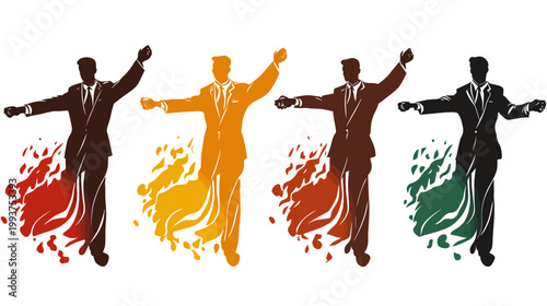Four stylized silhouettes of men in suits with colorful bursts at the bottom, arms outstretched