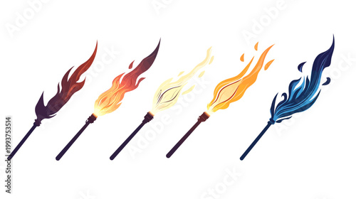 Stylized illustration showcasing five torches with varying flame colors. Each rests against a pure white background