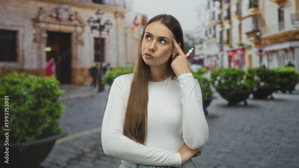 Fototapeta premium Woman holding a vaporizer to her mouth with folded arm on a cobblestone city street in front of planters and historic buildings; pensive solitude.