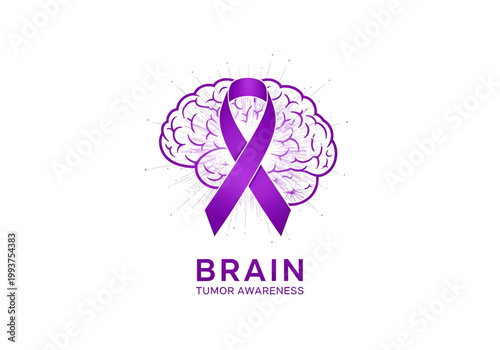 Brain Tumor Awareness typography with purple human brain outline and purple awareness ribbon healthcare medical icon vector png on transparent background