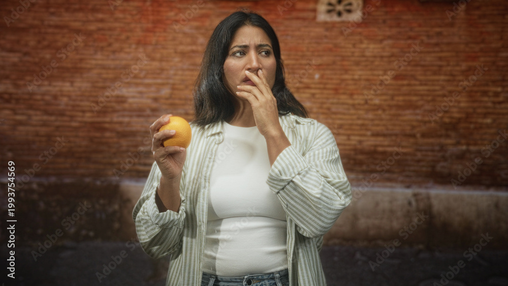 Fototapeta premium Woman holding an orange and covering her mouth with her hand while standing against a brick building wall on a street, looking uneasy; concern hesitation.