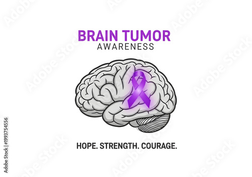 Brain Tumor Awareness typography with human brain illustration and purple awareness ribbon medical healthcare icon vector png on transparent background