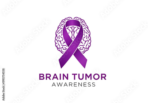 Brain Tumor Awareness typography with purple human brain and gradient purple awareness ribbon medical healthcare icon vector png on transparent background