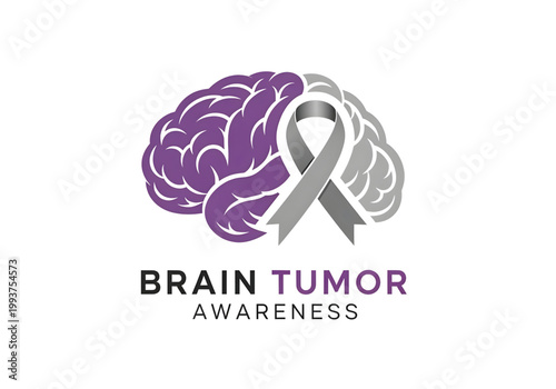 Brain Tumor Awareness typography with human brain and gray awareness ribbon medical healthcare icon vector png on transparent background