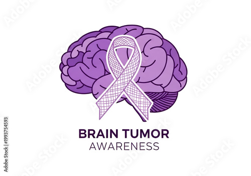 Brain Tumor Awareness typography with purple human brain and textured lavender awareness ribbon healthcare medical icon vector png on transparent background