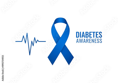 Diabetes Awareness typography with blue ribbon and heartbeat pulse EKG icon medical vector png on transparent background