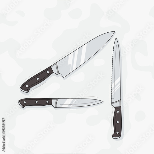 A collection of three sharp kitchen knives, including a chef's knife, a utility knife, and a serrated bread knife, arranged on a light background.