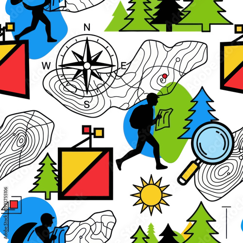 Photos Orienteering Pattern: Compass, Map, Runner, Magnifying Glass, Checkpoints